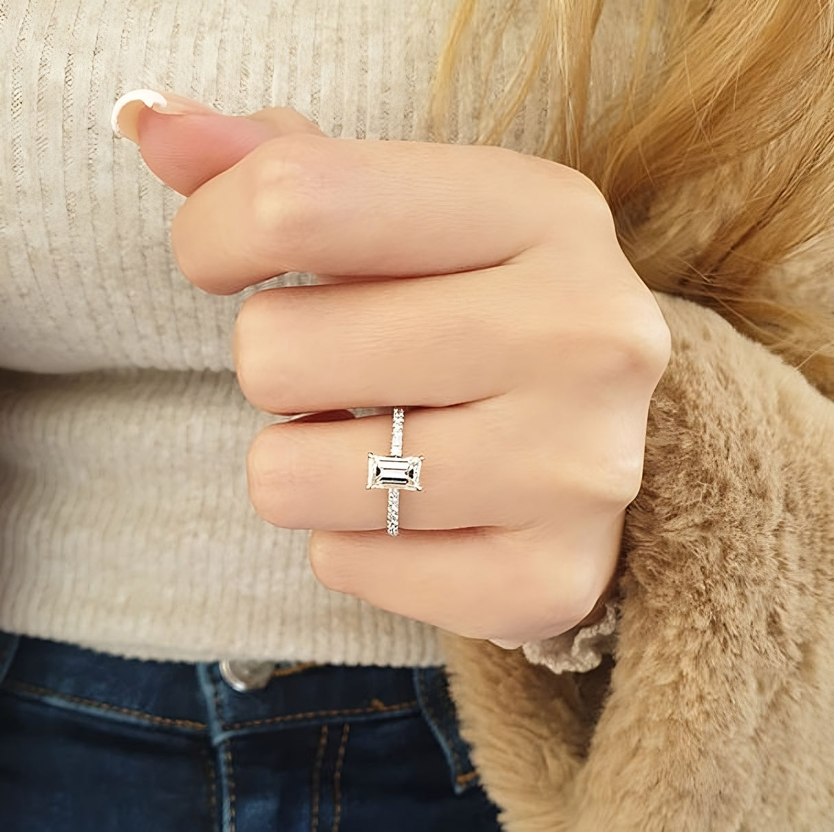 925 Sterling Silver Ring | Decorated with Rectangle Zircon Stone &amp; Sparkling Lobes