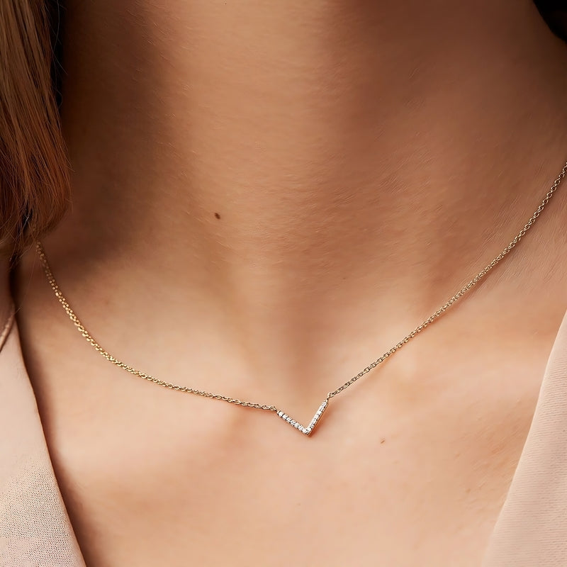 925 Sterling Silver Gold-Plated "V" Necklace | Adorned with Diamond Zircon Lobes