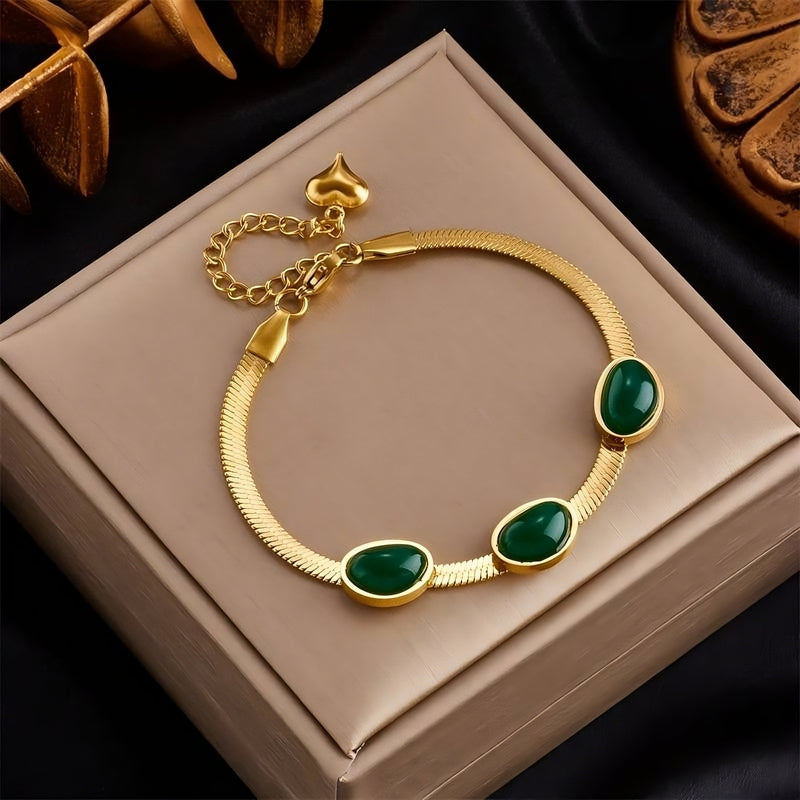 Snake Back Bracelet – Gold-Plated with Green Emerald Lobes | 316 Stainless Steel
