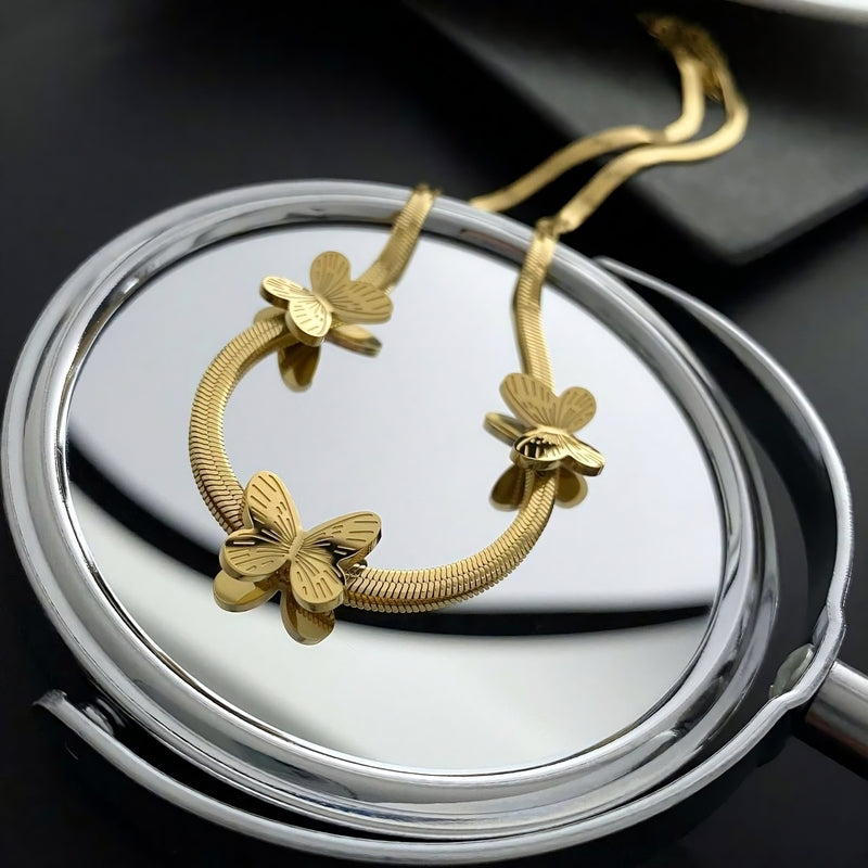 Gold-Plated Snake Back Necklace – Decorated with Elegant Butterflies | 316 Stainless Steel