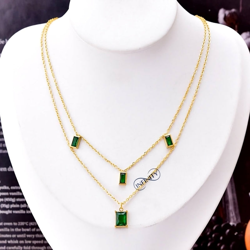 Gold-Plated Necklace  2-Layer  with Green Emerald Stones | Elegant & Timeless