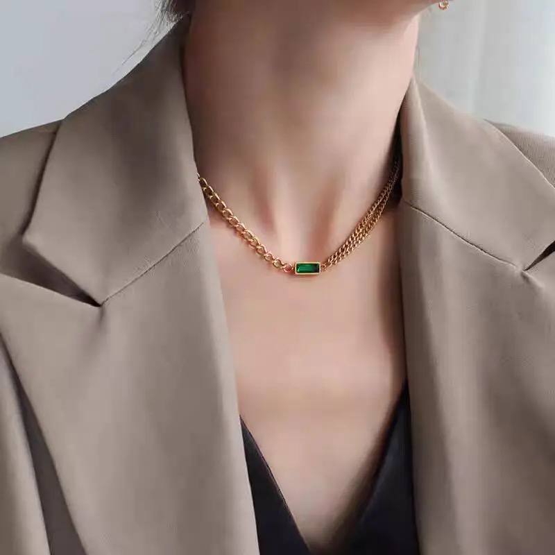 Gold-plated necklace with Green Emerald Stone | 316 Stainless Steel