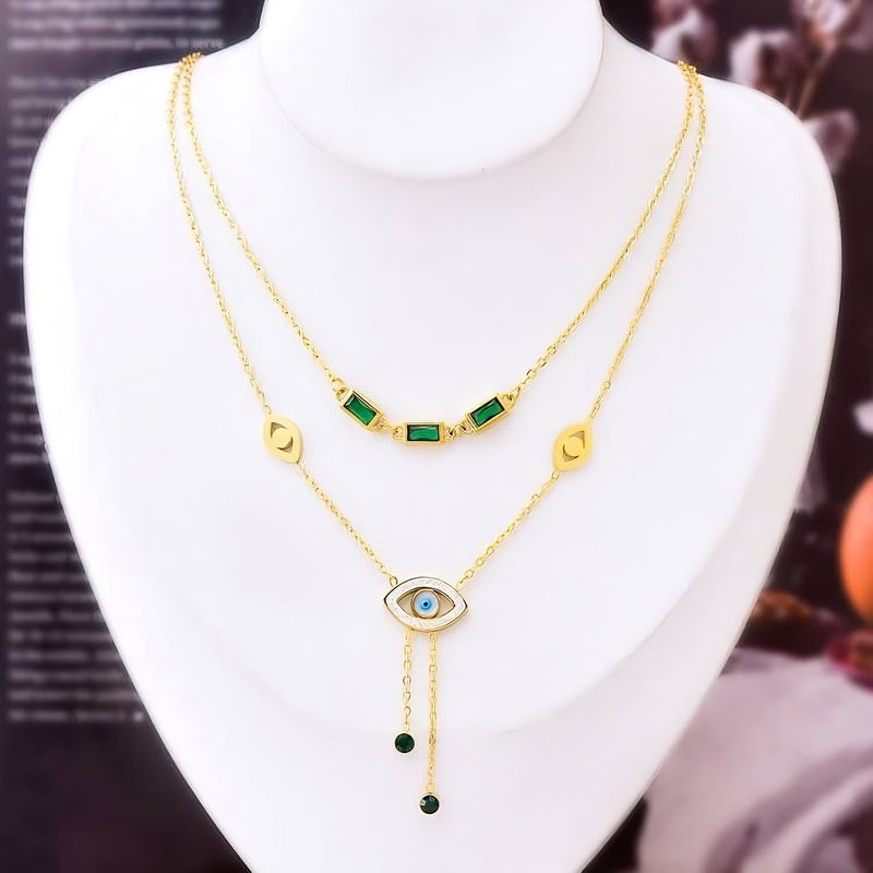 2-Layer Gold-Plated Necklace with Green Emerald Lobes | Van Cleef Rose or Zircon Options