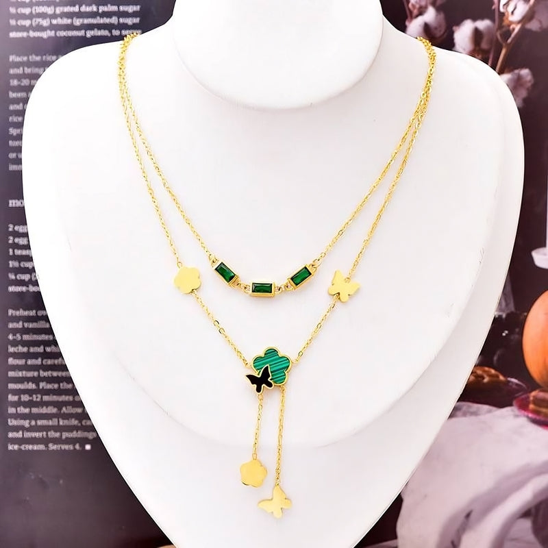 2-Layer Gold-Plated Necklace with Green Emerald Lobes | Van Cleef Rose or Zircon Options