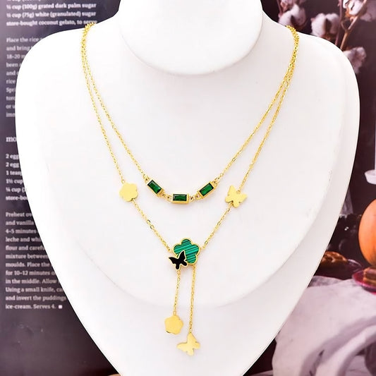 2-Layer Gold-Plated Necklace with Green Emerald Lobes | Van Cleef Rose or Zircon Options
