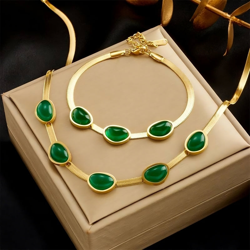 Snake Back Bracelet – Gold-Plated with Green Emerald Lobes | 316 Stainless Steel