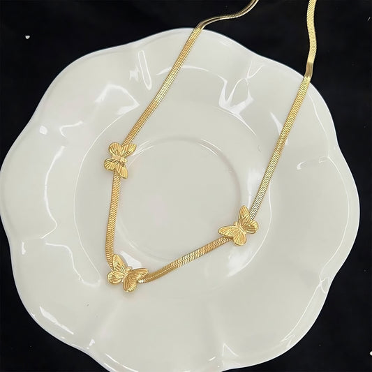 Gold-Plated Snake Back Necklace – Decorated with Elegant Butterflies | 316 Stainless Steel