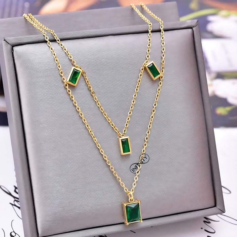 Gold-Plated Necklace  2-Layer  with Green Emerald Stones | Elegant & Timeless