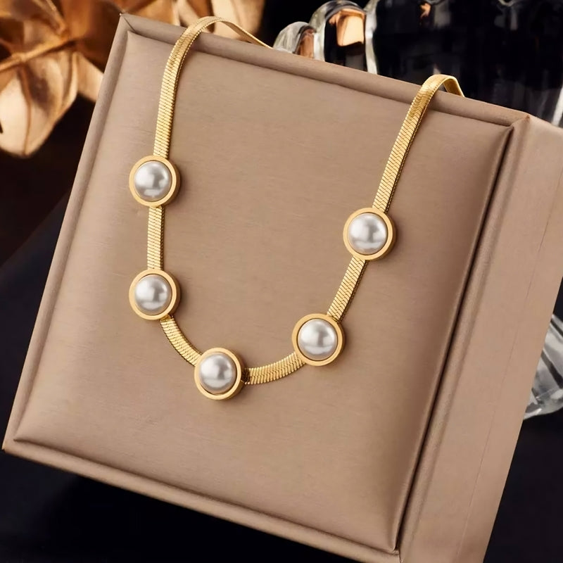 Gold-Plated Snake Back Necklace with Pearl Beads | 45 cm | Elegant Stainless Steel Design