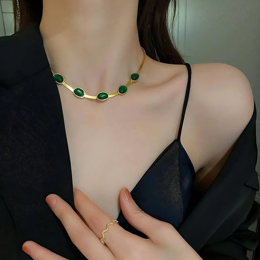 Snake Back Necklace – Gold-Plated with Green Emerald Lobes | 316 Stainless Steel | 45cm