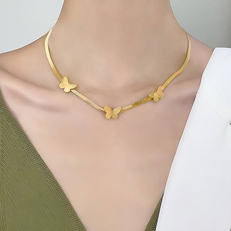 Gold-Plated Snake Back Necklace – Decorated with Elegant Butterflies | 316 Stainless Steel