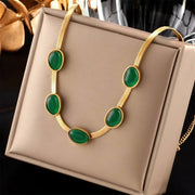 Snake Back Necklace – Gold-Plated with Green Emerald Lobes | 316 Stainless Steel | 45cm