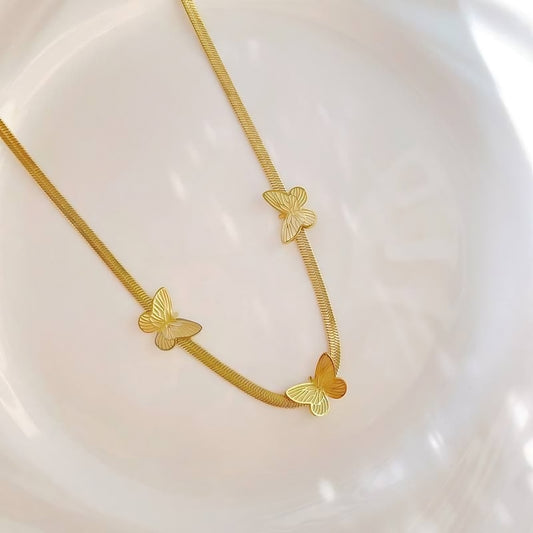 Gold-Plated Snake Back Necklace – Decorated with Elegant Butterflies | 316 Stainless Steel