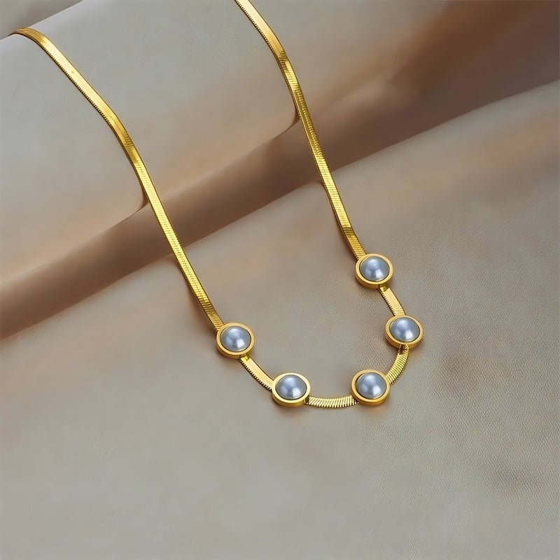 Gold-Plated Snake Back Necklace with Pearl Beads | 45 cm | Elegant Stainless Steel Design