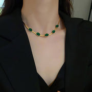 Snake Back Necklace – Gold-Plated with Green Emerald Lobes | 316 Stainless Steel | 45cm