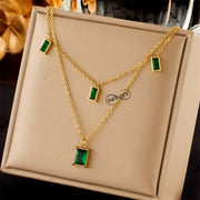 Gold-Plated Necklace  2-Layer  with Green Emerald Stones | Elegant & Timeless