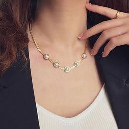 Gold-Plated Snake Back Necklace with Pearl Beads | 45 cm | Elegant Stainless Steel Design