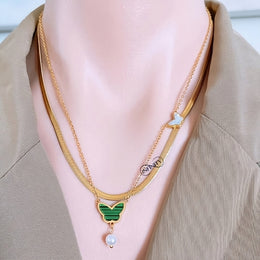 Snake Back Necklace – Gold Plated with Butterflies | 2 Layers | 316 Stainless Steel
