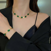 Snake Back Necklace – Gold-Plated with Green Emerald Lobes | 316 Stainless Steel | 45cm