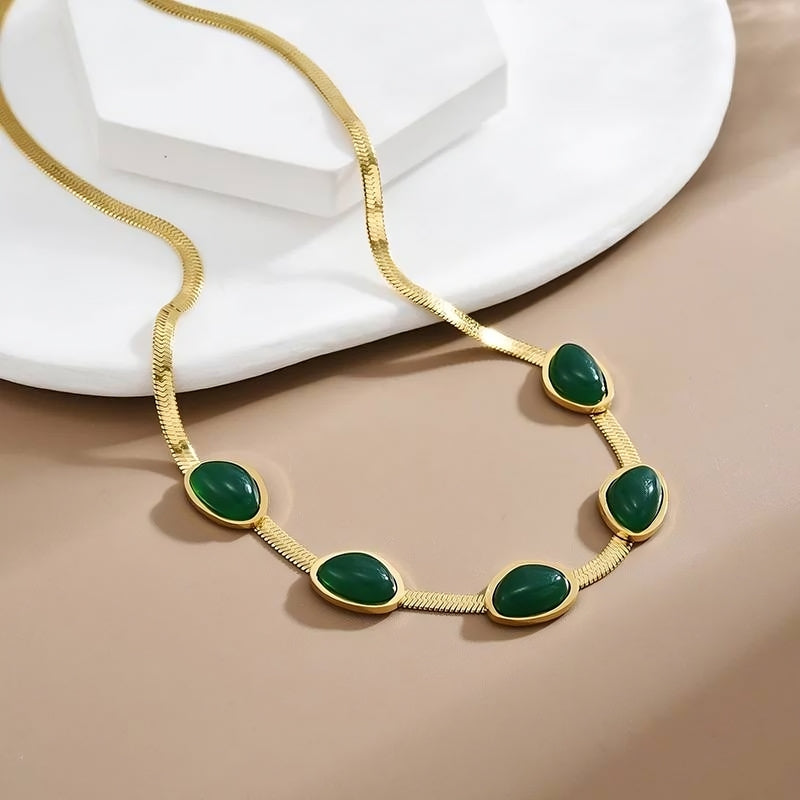 Snake Back Necklace – Gold-Plated with Green Emerald Lobes | 316 Stainless Steel | 45cm